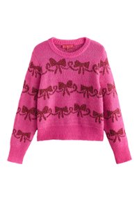 Rosa tröja i stickat med långa ärmar, som har ett mönster av bruna glittriga rosetter och en ribbad fåll. Rund halsringning och mjuk textur.