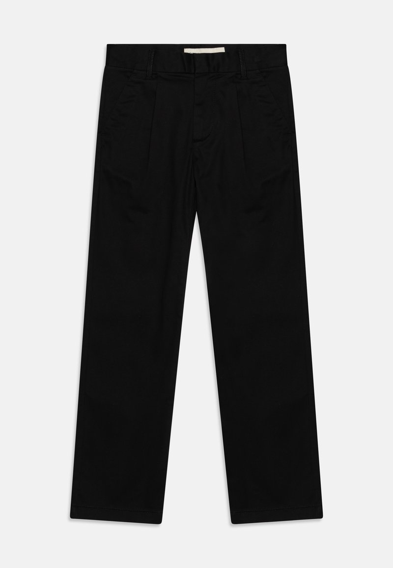 Μαύρο παντελόνι με σχέδιο ευθείας γραμμής, πλυμένο μπροστά, βρόχους για ζώνη, πλαϊνές τσέπες και λεία, ματ βαμβακερή ύφανση.