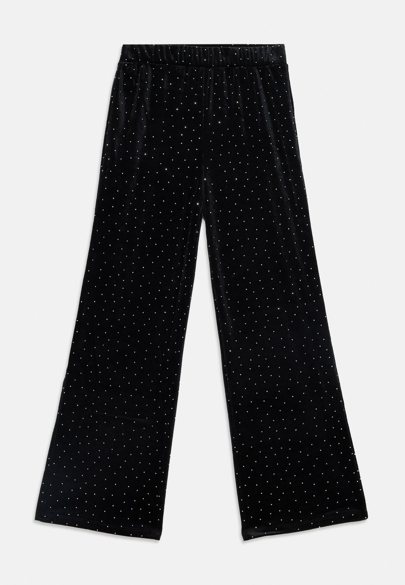 Calças de veludo preto com uma cintura elástica, design de perna larga e incrustações dispersas de strass para uma aparência texturizada e brilhante.