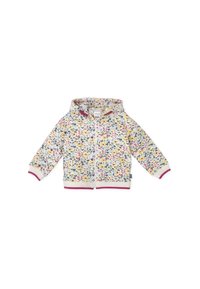 Sudadera con capucha y cremallera en un tejido suave con un patrón floral multicolor, que presenta un ribete rosa en los puños y el dobladillo.