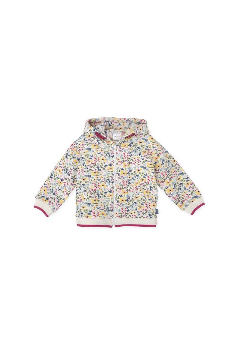 Sudadera con capucha y cremallera en un tejido suave con un patrón floral multicolor, que presenta un ribete rosa en los puños y el dobladillo.