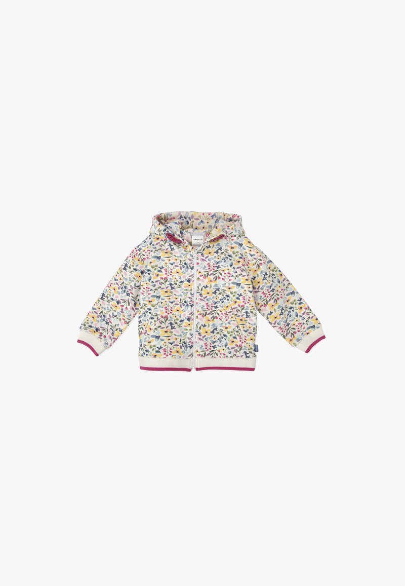 Sudadera con capucha y cremallera en un tejido suave con un patrón floral multicolor, que presenta un ribete rosa en los puños y el dobladillo.