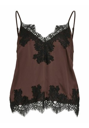 Bruine satijnen camisole met zwarte kantafwerking langs de halslijn en zoom, voorzien van verstelbare spaghettibandjes en een V-halsontwerp.