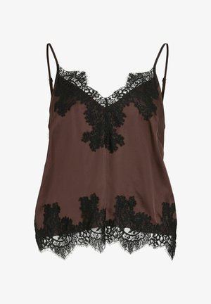 Brown satin camisole with black lace trim along the neckline and hem, featuring adjustable spaghetti straps and a V-neck design.