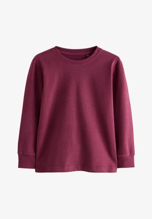 Camisa de manga larga en burdeos profundo, material de algodón, cuello redondo, puños acanalados, textura suave, diseño sencillo sin patrones ni acentos.