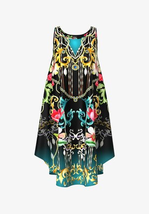 Abito senza maniche di colore nero con un vivace motivo di fiori e collane di perle. Presenta un collo rotondo e una silhouette svasata.