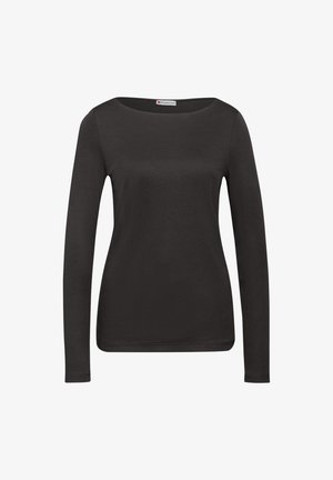 Haut noir à manches longues avec un col rond, fabriqué en coton doux. Design ajusté sans motifs ni accents.