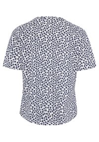 Maglietta a maniche corte in tessuto bianco con motivo floreale blu navy. Vestibilità rilassata, scollatura tonda e superficie liscia. Senza chiusure visibili.