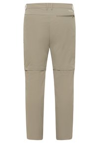 Beige Wanderhose aus leichtem Stoff. Mit zipbarem Gesäßtasche und verstellbaren Bündchen für variable Längen. Glatte Textur.