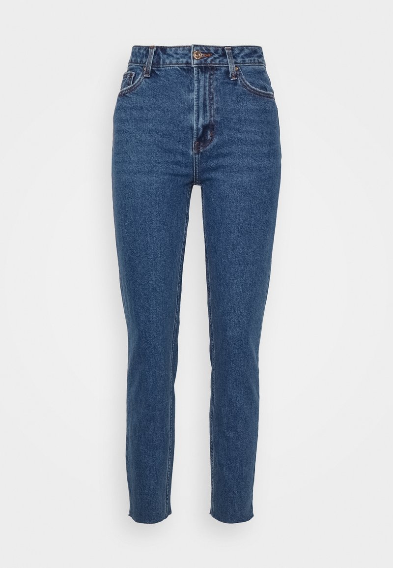 Jeans de tiro alto en azul, fabricados en denim, con un diseño de pierna recta, bolsillos frontales y un cierre de botón con cremallera.