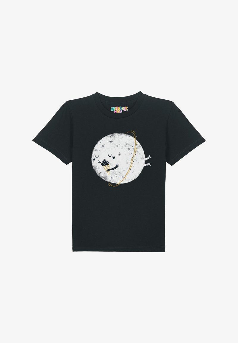 T-shirt noir à manches courtes avec un graphique de lune fantaisiste aux yeux, une corne, des étoiles et un design de cercle jaune. En coton doux.