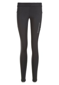 Zwarte sportleggingen met een strakke pasvorm, voorzien van een gladde textuur en reflecterende accenten. Het woord "ENDURANCE" is op de zijkant gedrukt.