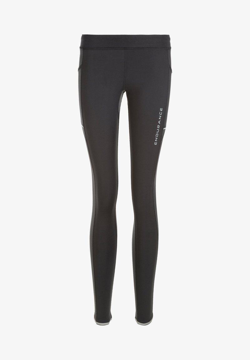 Zwarte sportleggingen met een strakke pasvorm, voorzien van een gladde textuur en reflecterende accenten. Het woord "ENDURANCE" is op de zijkant gedrukt.
