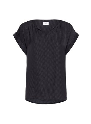Must have satin blouse musta lühikeste rullitud varrukatega, V-kaelusega, peene täppmustriga, pehme tekstuuriga ja pisut kõverdatud äärega.