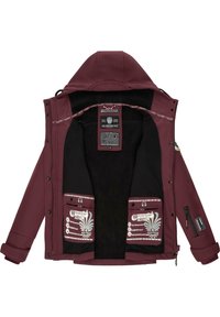 Bordo jakna s kapuljačom i crnim flis podstavom. Ima zip i dugmadi za zatvaranje džepova te brendirane oznake unutra. Mekana, teksturirana tkanina.