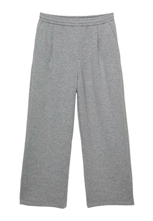 Grijze wijde broek met een elastische tailleband en zijzakken, gemaakt van een zachte, gestructureerde stof.