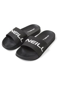 Sorte slidesandaler med en struktureret rem, der har hvid "O'Neill" branding, polstret fodseng og en glat gummisål.