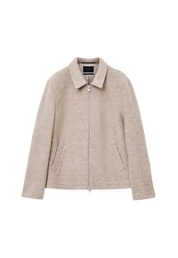 Beige uldblandingsjakke med lynlås foran, krave, to sidelommer og et struktureret stof. Glat inderside og enkelt design.