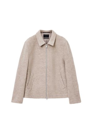 Beige uldblandingsjakke med lynlås foran, krave, to sidelommer og et struktureret stof. Glat inderside og enkelt design.