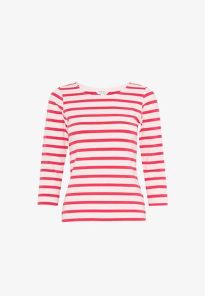 Striped long-sleeve top in white and pink, featuring a round neckline and soft texture, suitable for casual wear.