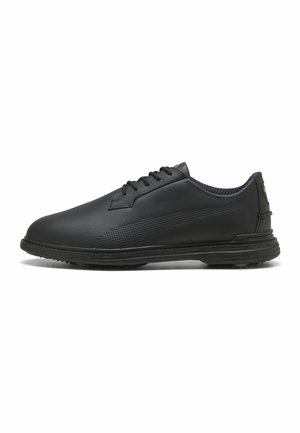 Schwarze Ledersportschuhe mit glatter Oberfläche, runder Zehenform und strukturierten Seitenakzenten. Ausgestattet mit Schnürsenkeln und einer robusten Gummisohle.