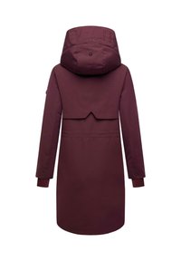 Maroon hooded coat with a zip closure, long sleeves, and ribbed cuffs. Features a back split and embossed logo detailing on the hood.