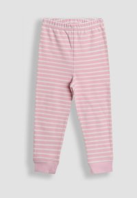 Vaaleanpunaiset raidalliset legginsit, jotka on valmistettu pehmeästä puuvillakankaasta. Legginseissä on yksivärinen vaaleanpunainen vyötärö ja hihansuut. Raidoitus on valkoinen ja tasaisesti jaettu.