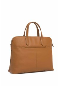 Braune Lederhandtasche mit strukturiertem Design. Verfügt über zwei Oberhandgriffe, einen Reißverschluss und eine Vordertasche mit strukturiertem Oberflächen.
