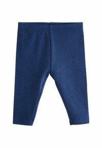Leggings côtelés bleu marine en tissu extensible. Design ajusté, longueur cheville, avec une taille lisse et sans matériel ni embellissements visibles.