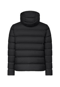 Chaqueta de plumas negra con un cuello alto y estructurado y paneles acolchados. Presenta mangas largas y una textura suave y acolchada.
