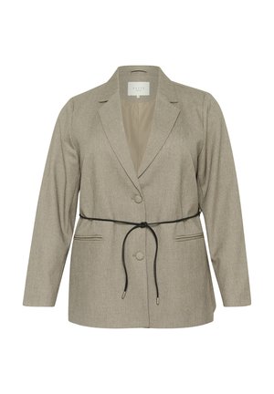 Gray textured blazer with long sleeves, structured shoulders, dual front pockets, and a black fabric belt at the waist. Single button closure.