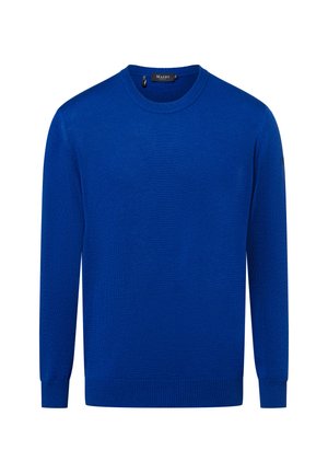 Solider königsblauer Pullover mit Rundhalsausschnitt und langen Ärmeln, mit gerippten Bündchen, Saum und Kragen, im Kragen mit "MAERZ" beschriftet.