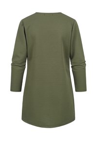 Olive green long-sleeve top with a round neckline, featuring a ribbed texture and a slightly curved hem, designed for a relaxed fit.