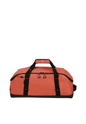 Red and black rectangular duffel bag with dual black handles, zipper closure, and side pocket, set against a white background.
