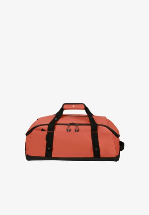 Red and black rectangular duffel bag with dual black handles, zipper closure, and side pocket, set against a white background.