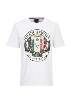 Weißes T-Shirt mit einem Vintage-Logo "Club di Tennis Italiana" mit gekreuzten Tennisschlägern und der italienischen Flagge in der Mitte.