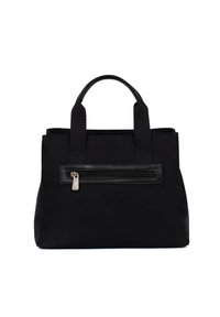 Borsa a tracolla nera con un'esterno in tessuto liscio, doppi manici in tessuto e una tasca con zip sul davanti con tirazip argentato.