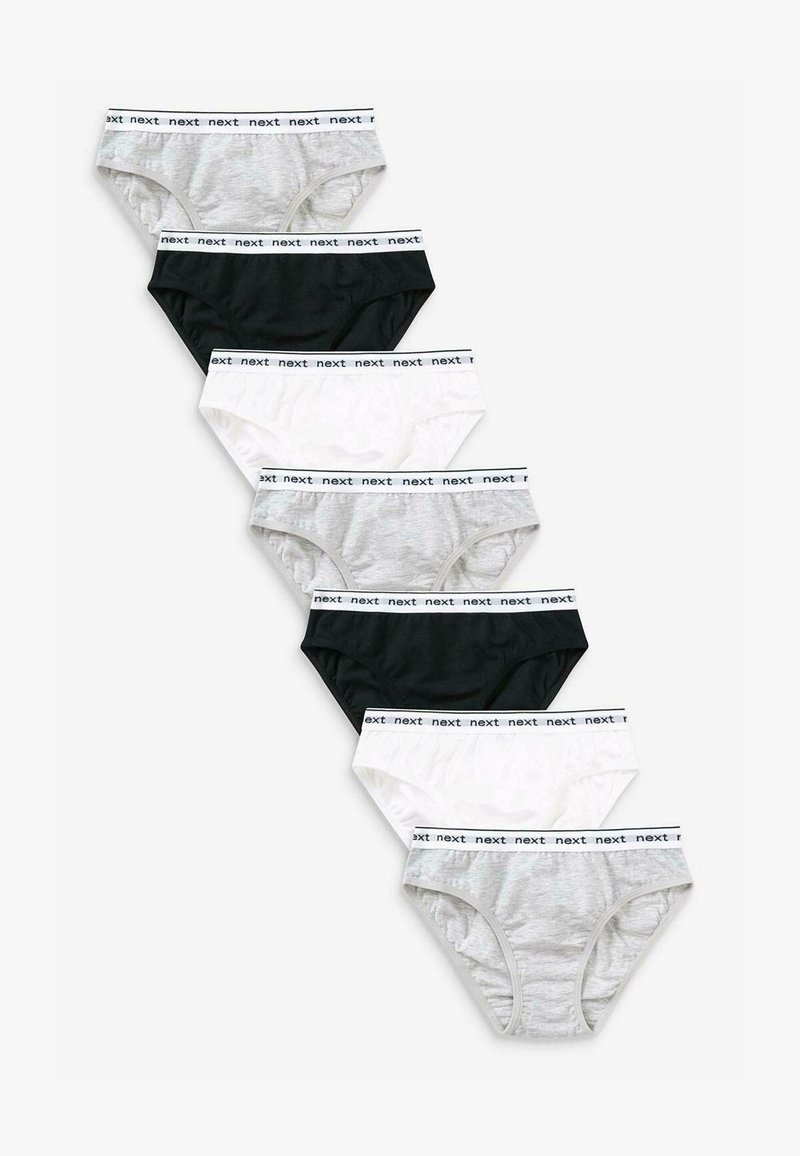 Set van negen damesonderbroeken in grijs, wit en zwart. Katoenen materiaal met elastische taillebanden die een herhalend "next" logo in het zwart dragen.