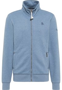 Ljusblå zip-up sweatshirt med hög krage, mjuk textur, sidfickor och broderad logotyp på bröstet. Diskreta ribbade muddar och fåll.