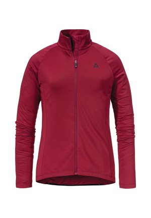 Red zip-up jacket made of soft fabric. Features long sleeves, a stand collar, and a black logo on the upper left side.