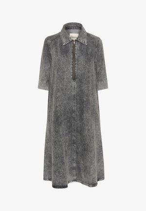 Denim dress in faded grey with a zip closure, collar, and short sleeves. Features a relaxed silhouette and mid-length design.