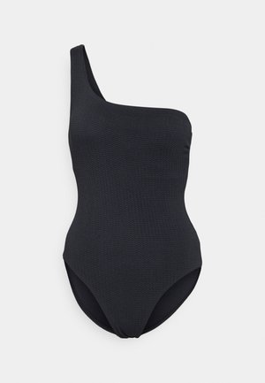 Maillot de bain noir à une épaule avec un tissu texturé, présentant une finition lisse et une ouverture de jambe haute. Design simple et épuré.