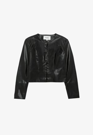 Gekürzte schwarze Lederjacke mit glatter Textur, rundem Ausschnitt und Frontknopfverschluss. Verfügt über lange Ärmel und einen taillierten Schnitt.