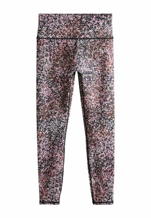Leggings taille haute pour femmes avec un motif éclaboussé multicolore rose, noir et marron, longueur totale, silhouette ajustée.
