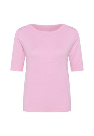 Lichtroze gebreide top met korte mouwen, een brede ronde halslijn en een rechte zoom.