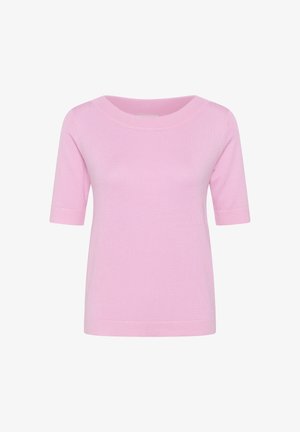 Haut en maille rose clair à manches courtes avec un large col rond et un ourlet droit.