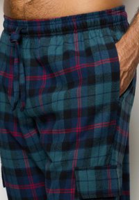 Flanell-Loungewear-Shorts mit einem dunkeltürkisen und schwarzen Karomuster mit roten Akzenten, verstellbarem Bund und Seitentaschen.