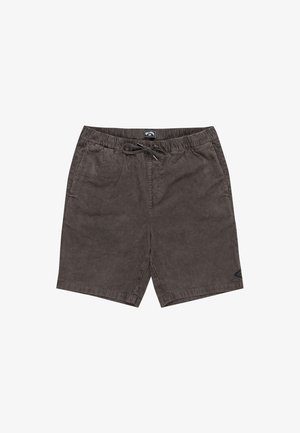 Gray corduroy shorts with an elastic waistband, drawstring, side pockets, and a small logo tag at the hem. Smooth texture and relaxed fit.