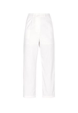 White tailored pants with a high waist, pleats at the front, and straight legs. Smooth texture, cropped length, single button closure.