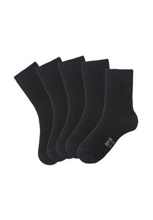 Pack of five pairs of black cotton socks with a ribbed cuff and reinforced toe. Each sock features a subtle logo on the sole.